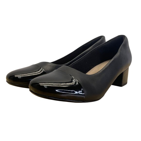 Clarks Women’s Black Combi Leather & Patent Chartli Diva Block Heel Pumps Sz 9M - Picture 3 of 10